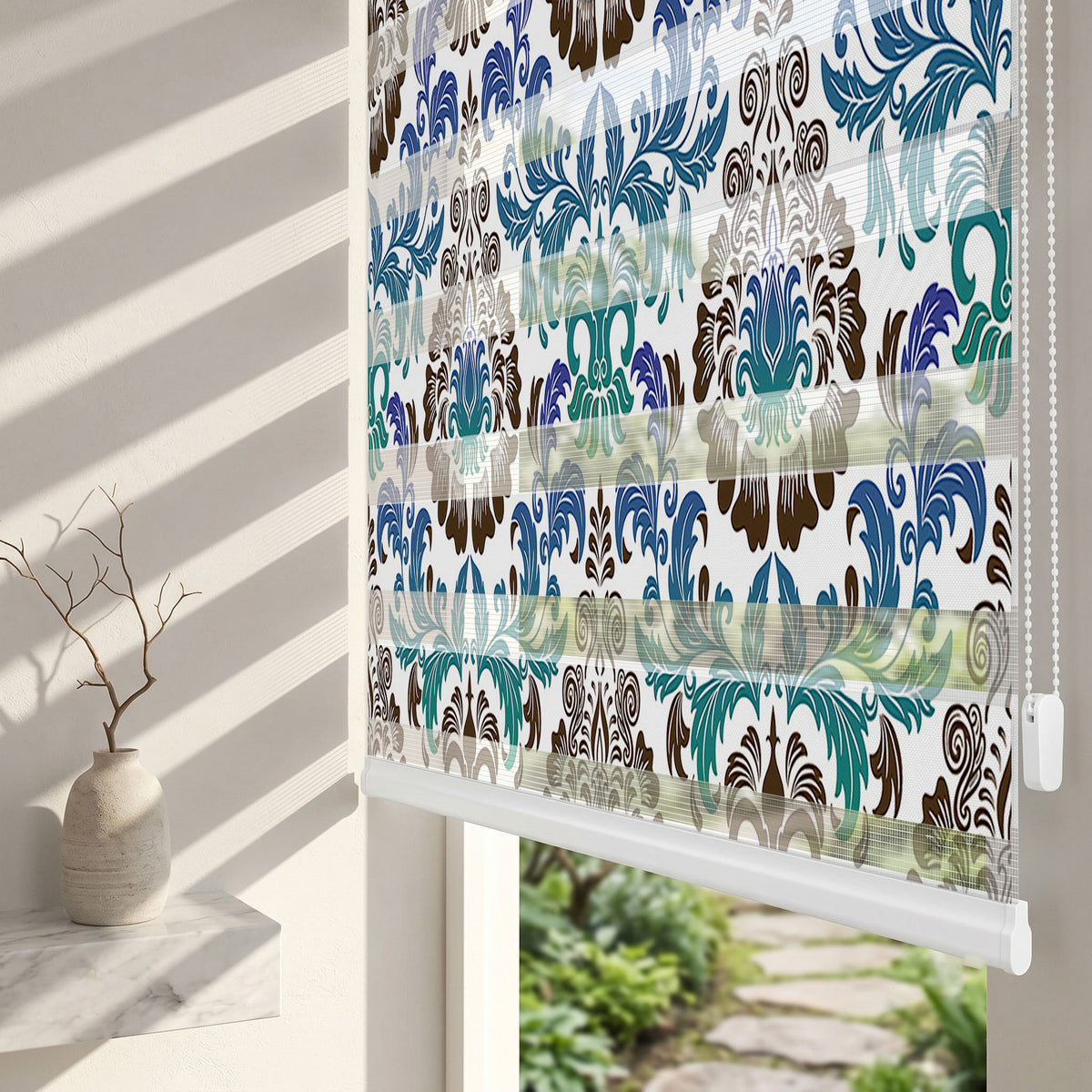 Mavi Kahve Klasik Damask Desen Salon Zebra Stor Perde – ürün görseli 2