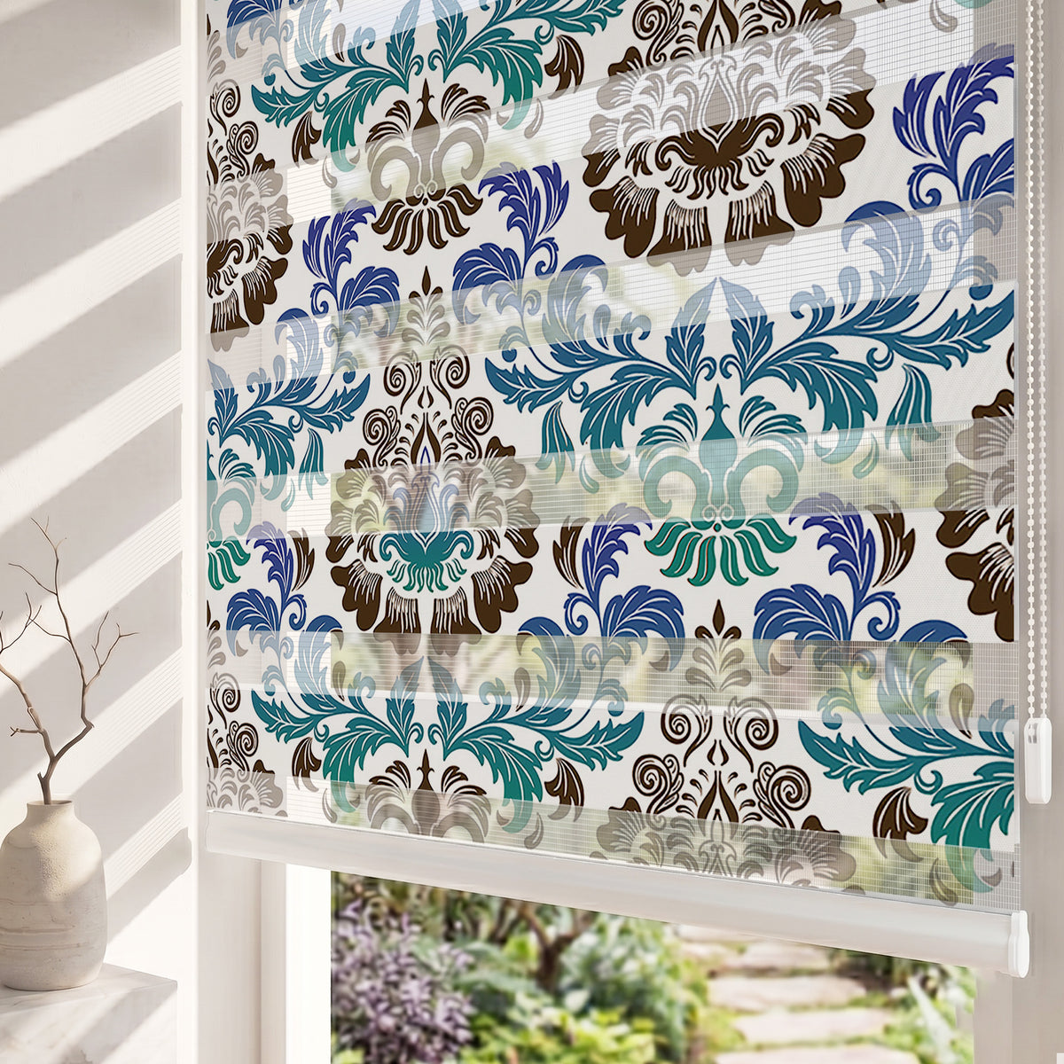 Mavi Kahve Klasik Damask Desen Salon Zebra Stor Perde