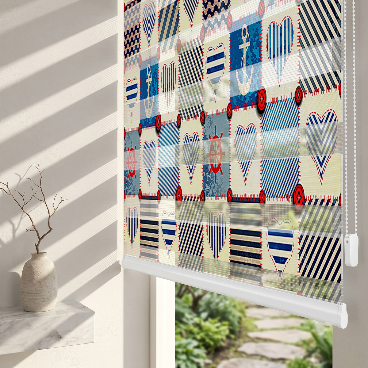 Çizgili Kalpli Denizci Patchwork Genç Odası Zebra Stor Perde – ürün görseli 2