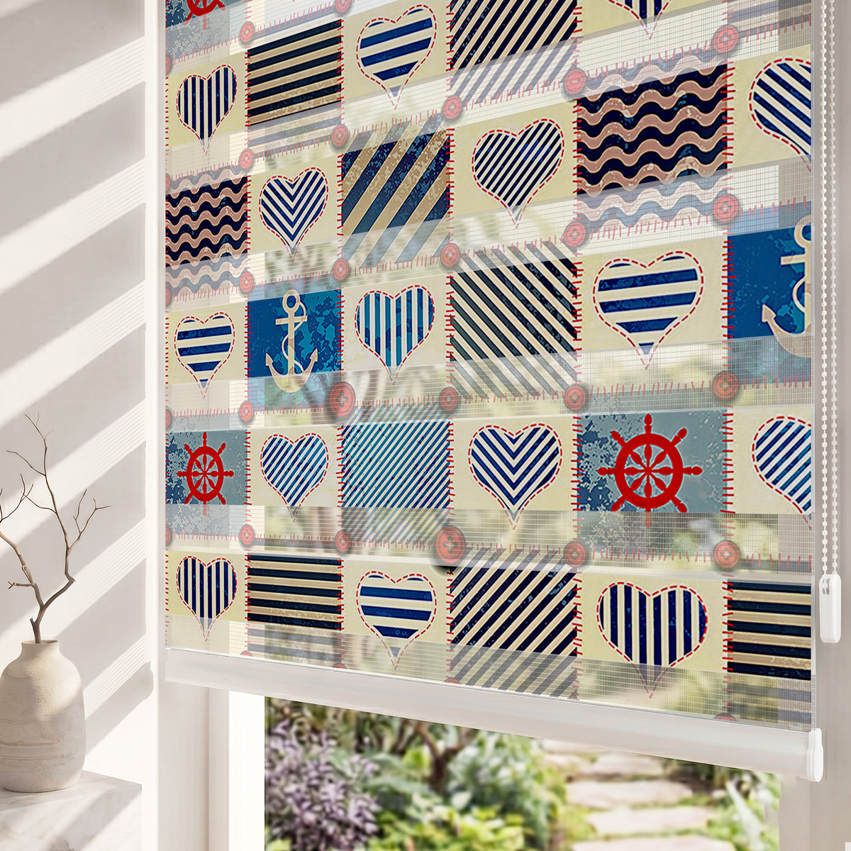 Çizgili Kalpli Denizci Patchwork Genç Odası Zebra Stor Perde