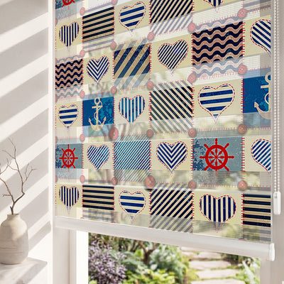 Çizgili Kalpli Denizci Patchwork Genç Odası Zebra Stor Perde