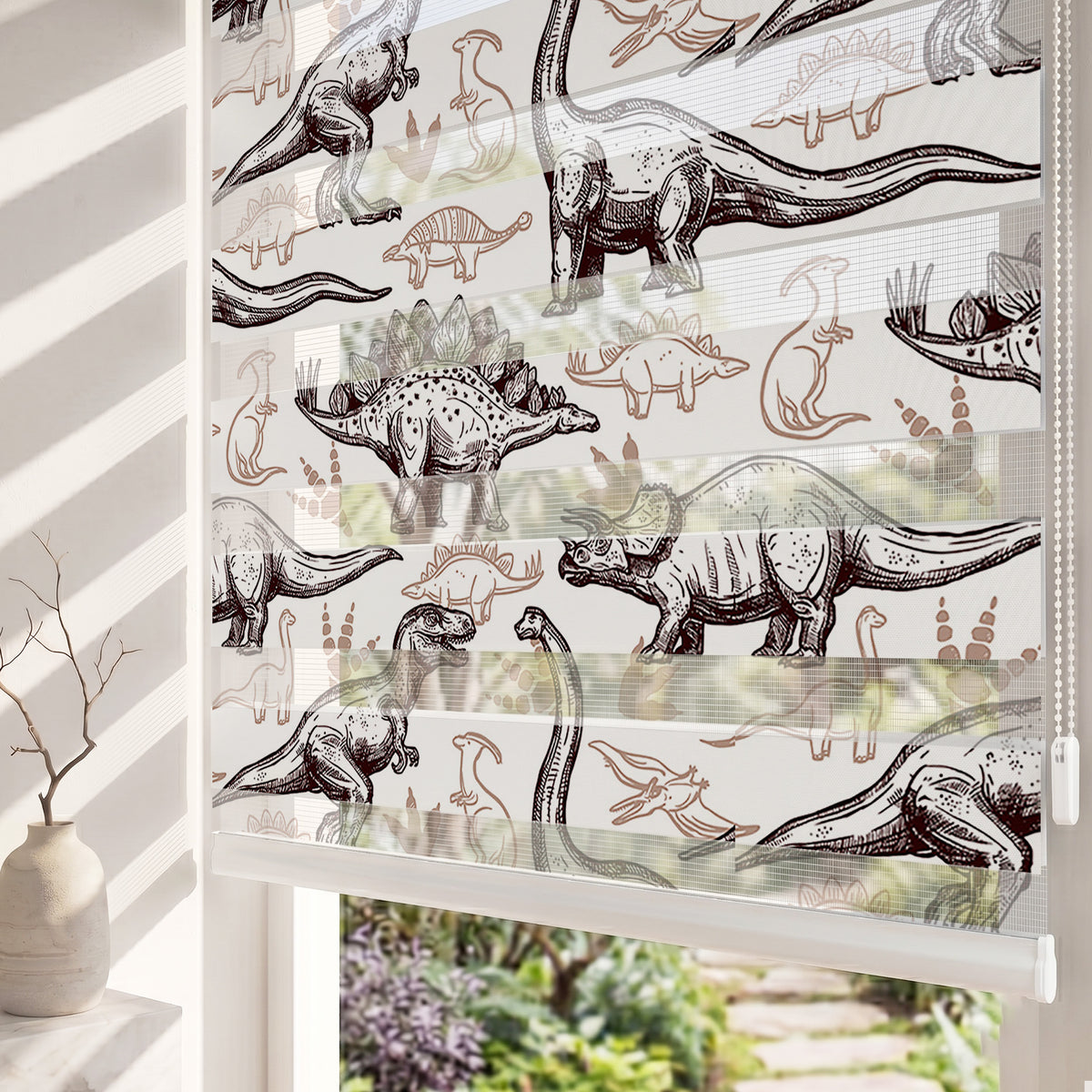 Kahverengi Çizim Dinozorlar Çocuk Odası Zebra Stor Perde