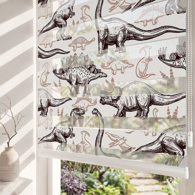 Kahverengi Çizim Dinozorlar Çocuk Odası Zebra Stor Perde