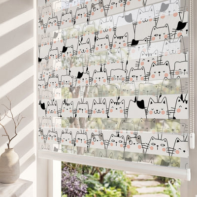 Beyaz Sevimli Kedi Kalabalığı Çocuk Odası Zebra Stor Perde