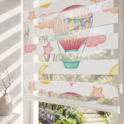 Pembe Hava Balonu Hilal Yıldız Bebek Odası Zebra Stor Perde