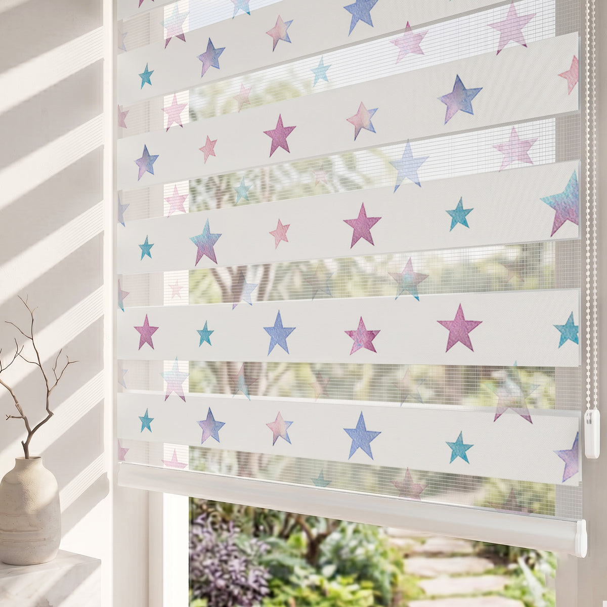 Pastel Mor Mavi Sulu Boya Yıldız Zebra Stor Perde