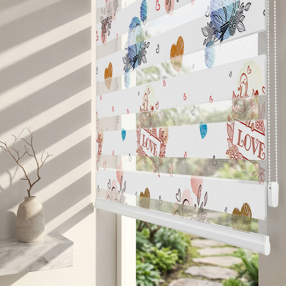 Kalpler Çiçekler ve Aşk Kuşları Yatak Odası Zebra Stor Perde – ürün görseli 2