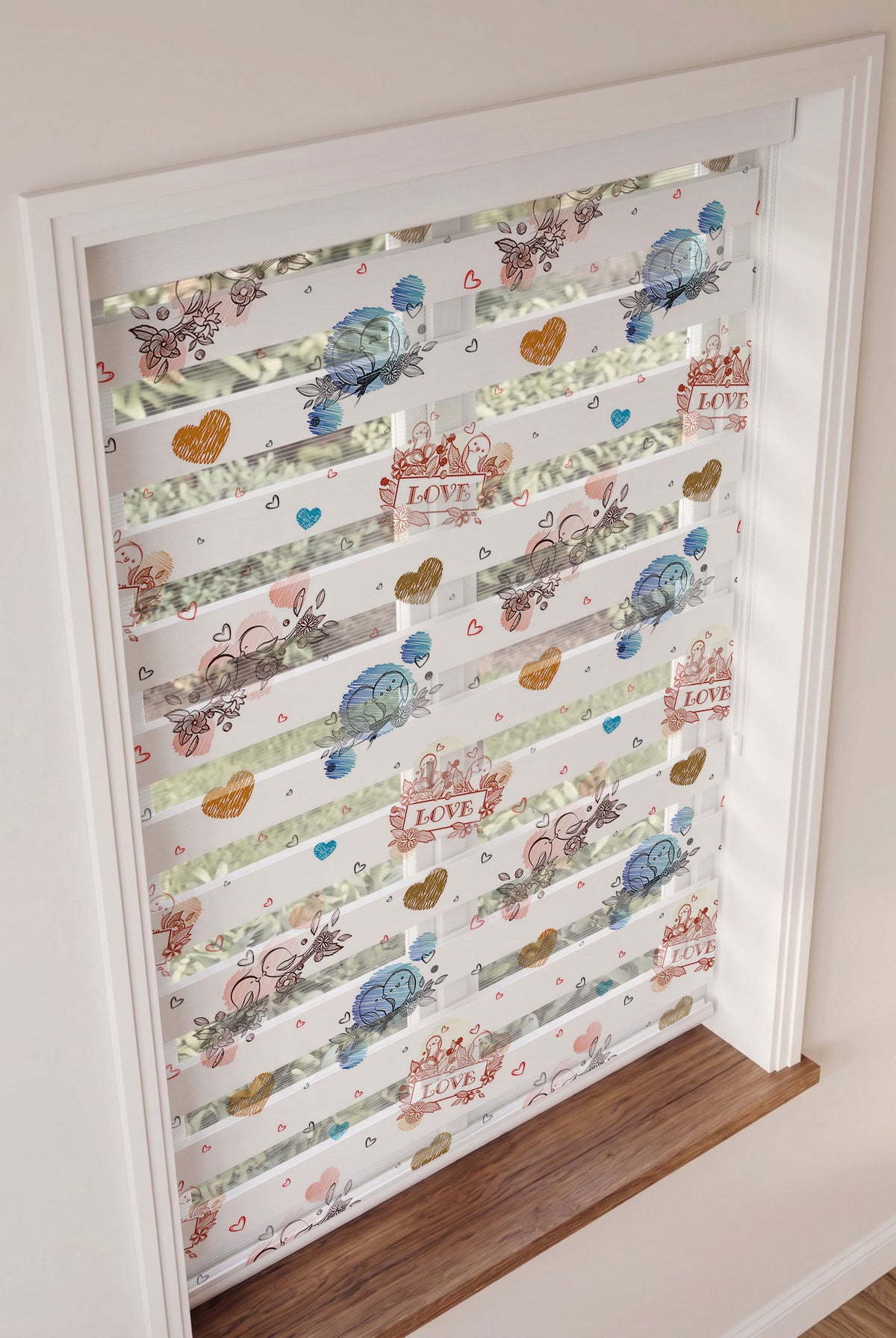 Kalpler Çiçekler ve Aşk Kuşları Yatak Odası Zebra Stor Perde – ürün görseli 3