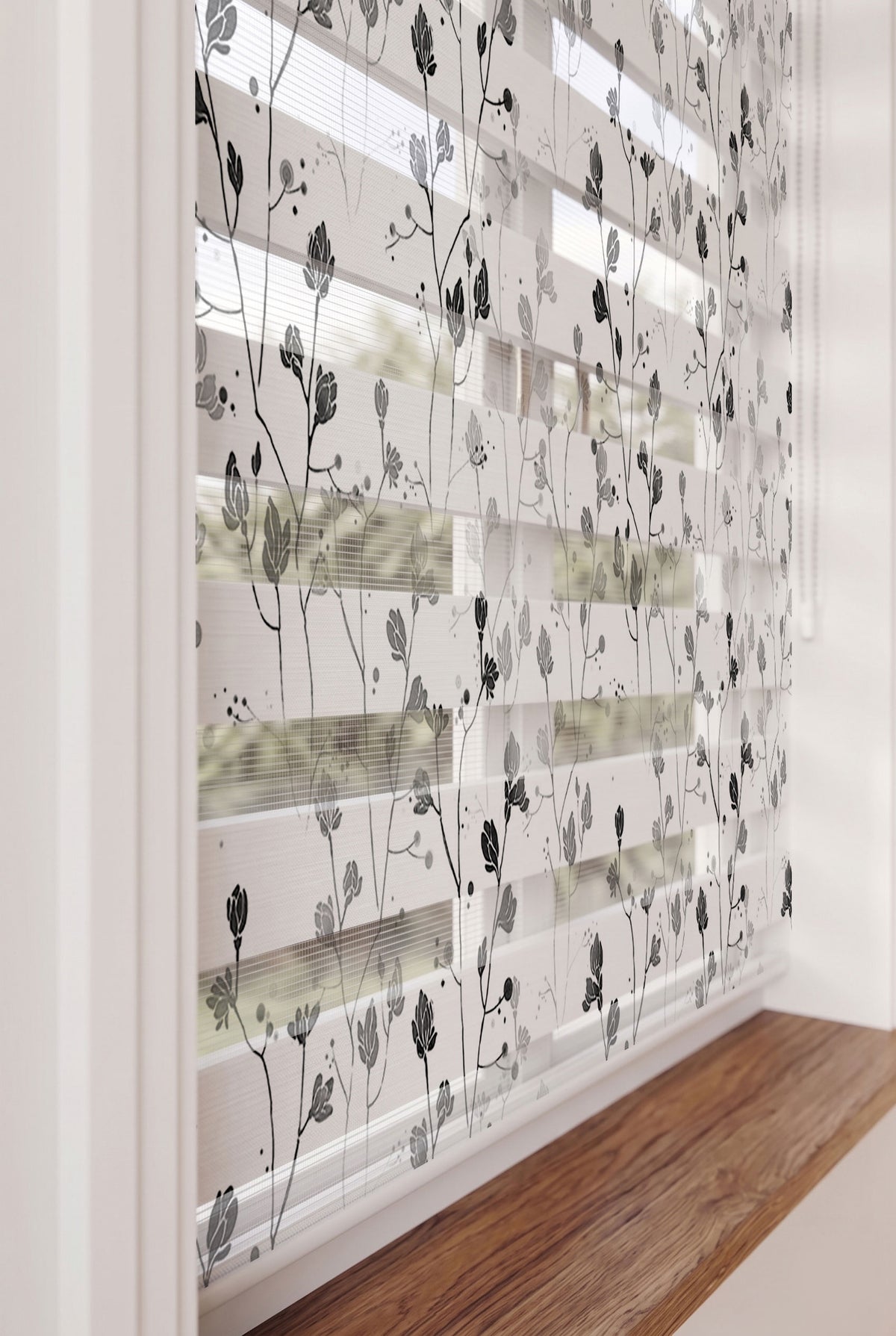 Siyah Gri İnce Dallı Çiçekler Yatak Odası Zebra Stor Perde – ürün görseli 5