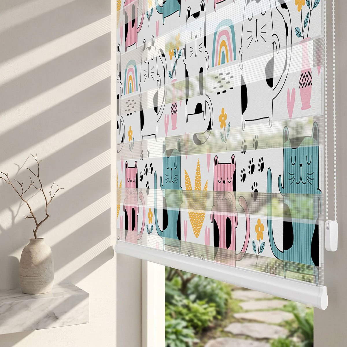 Sevimli Çizgili Kediler Çiçekler Zebra Stor Perde – ürün görseli 2