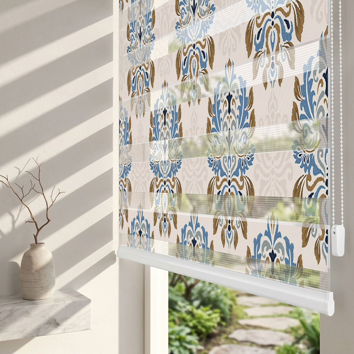 Pudra Zeminli Mavi Damask Desen Salon Zebra Stor Perde – ürün görseli 2