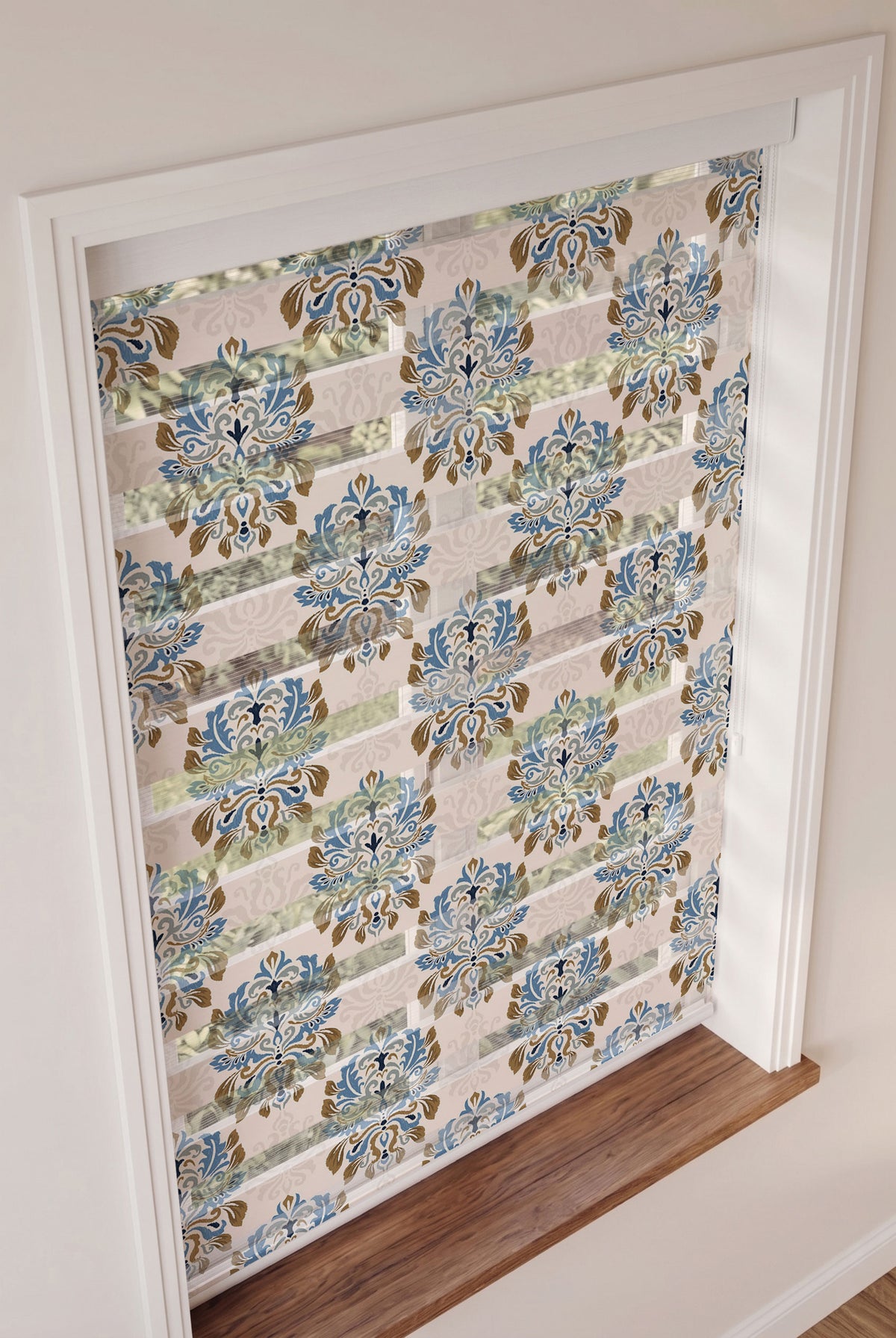 Pudra Zeminli Mavi Damask Desen Salon Zebra Stor Perde – ürün görseli 3