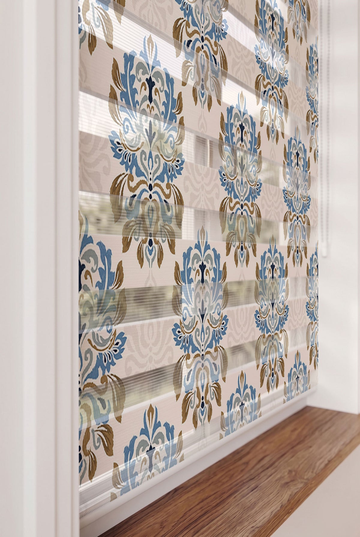 Pudra Zeminli Mavi Damask Desen Salon Zebra Stor Perde – ürün görseli 5
