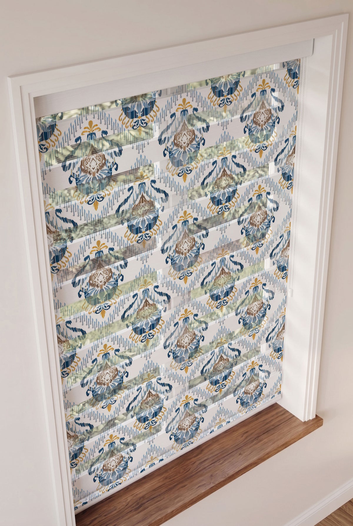 Mavi ve Hardal Ikat Etnik Desen Salon Zebra Stor Perde – ürün görseli 3