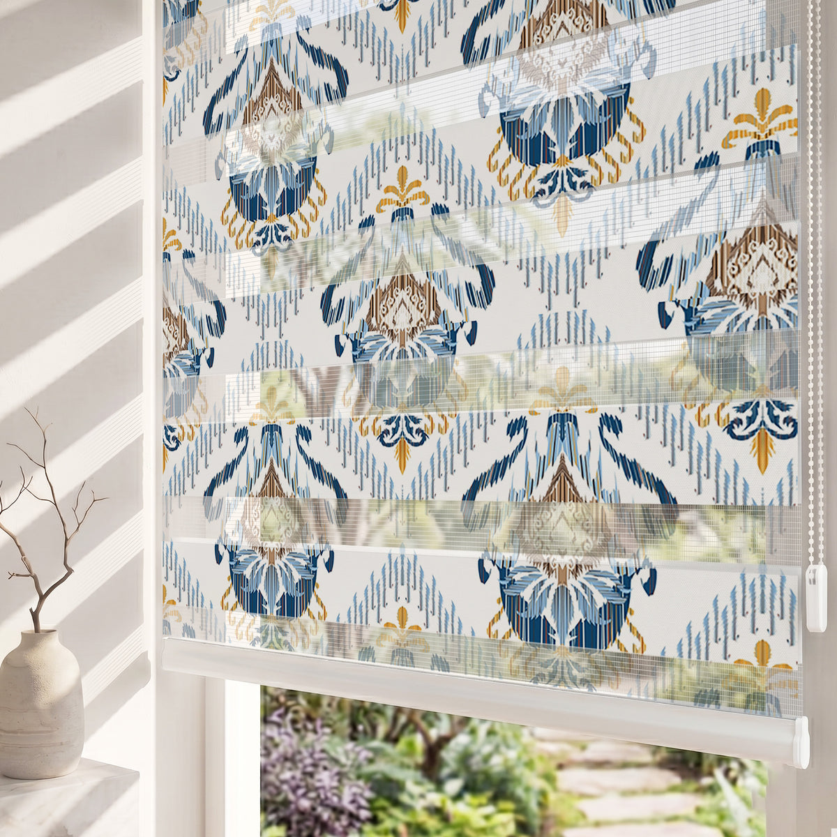 Mavi ve Hardal Ikat Etnik Desen Salon Zebra Stor Perde
