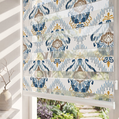 Mavi ve Hardal Ikat Etnik Desen Salon Zebra Stor Perde
