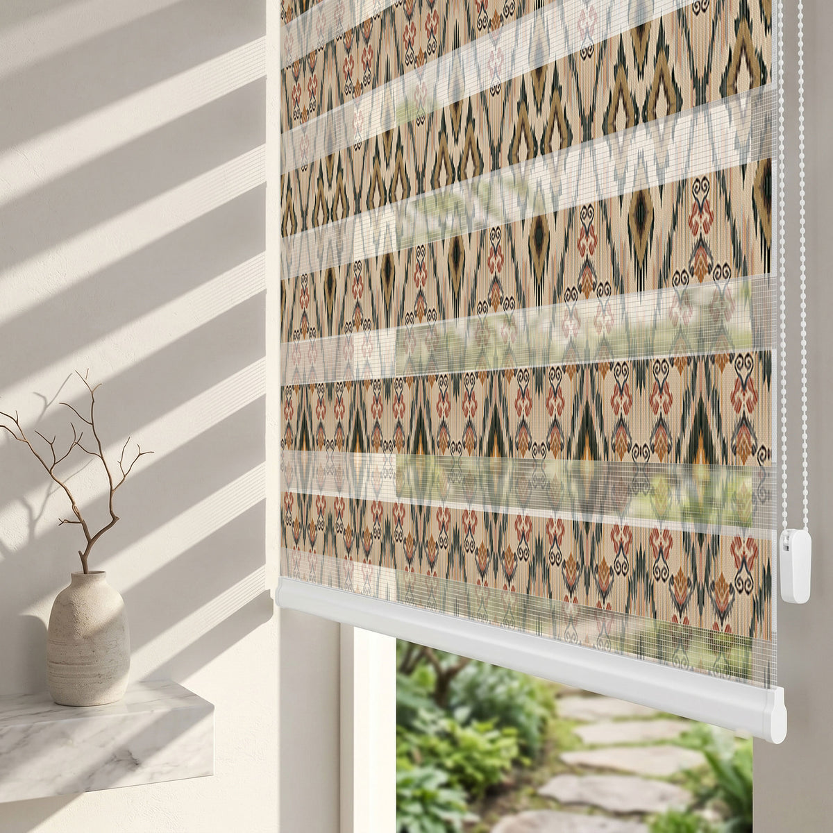 Bej Yeşil Kiremit Ikat Etnik Desen Salon Zebra Stor Perde – ürün görseli 2