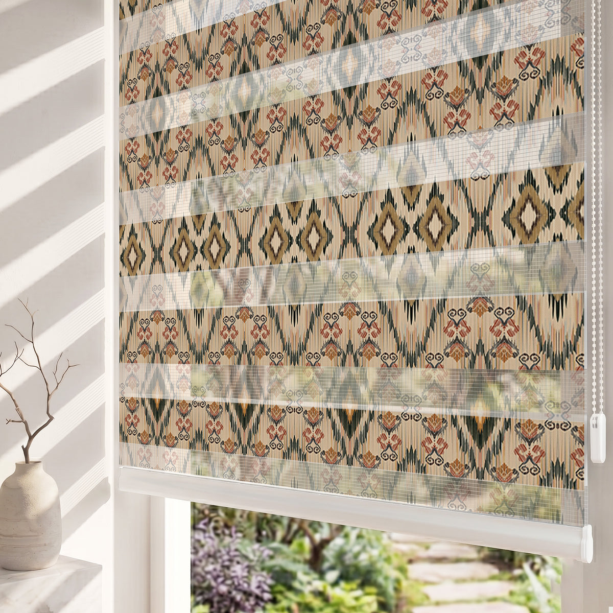Bej Yeşil Kiremit Ikat Etnik Desen Salon Zebra Stor Perde