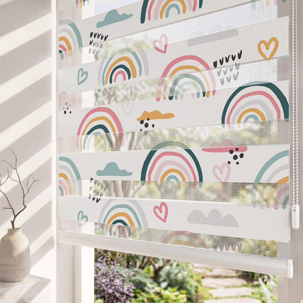 Pastel Gökkuşakları Kalp Bulut Çocuk Odası Zebra Stor Perde
