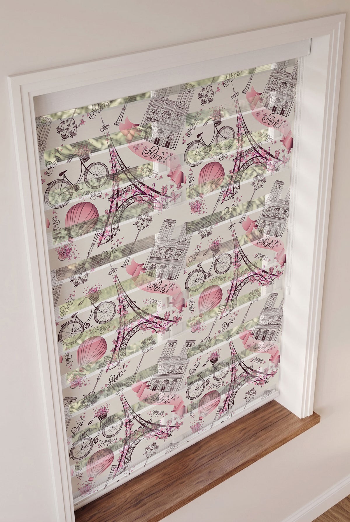 Pembe Paris Eyfel Kulesi Bisiklet Zebra Stor Perde – ürün görseli 3