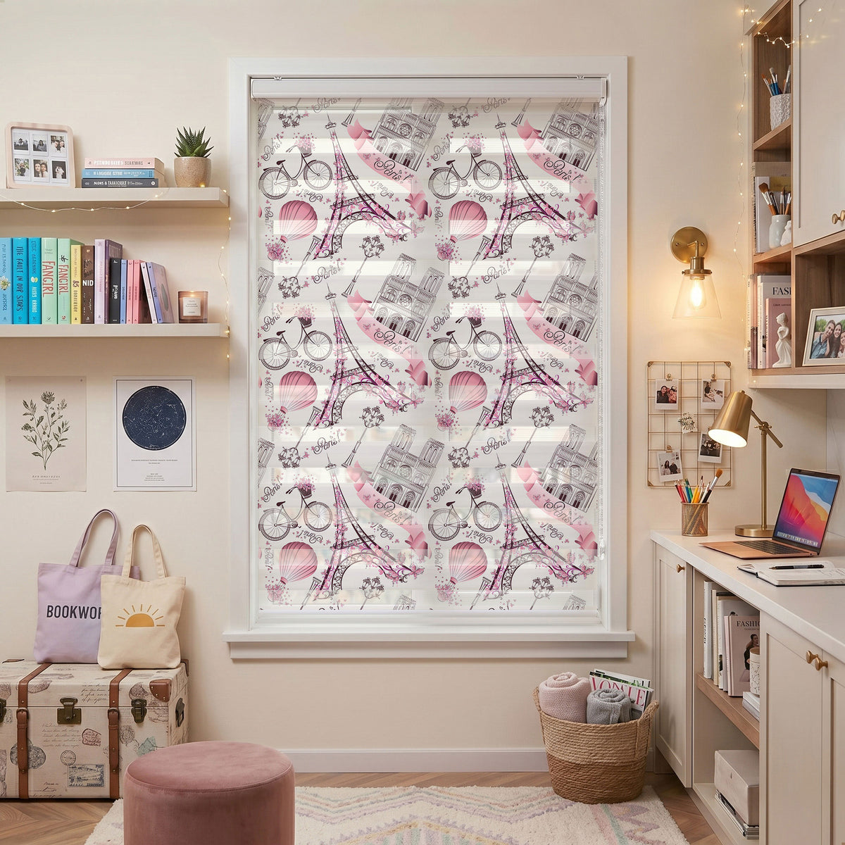 Pembe Paris Eyfel Kulesi Bisiklet Zebra Stor Perde – ürün görseli 7
