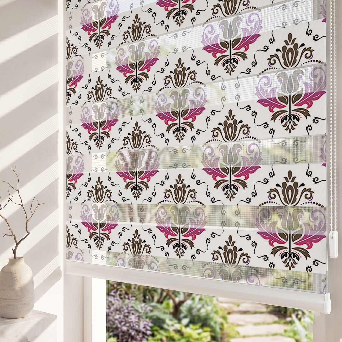 Kırmızı Beyaz Klasik Damask Desen Salon Zebra Stor Perde