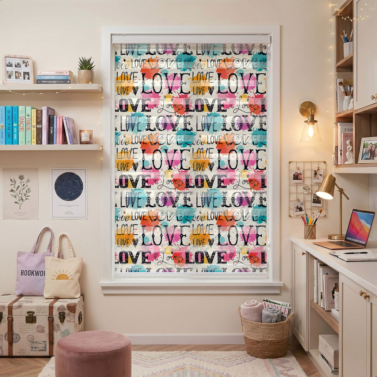 Love Yazılı Renkli Boya Lekeleri Genç Odası Zebra Stor Perde – ürün görseli 7