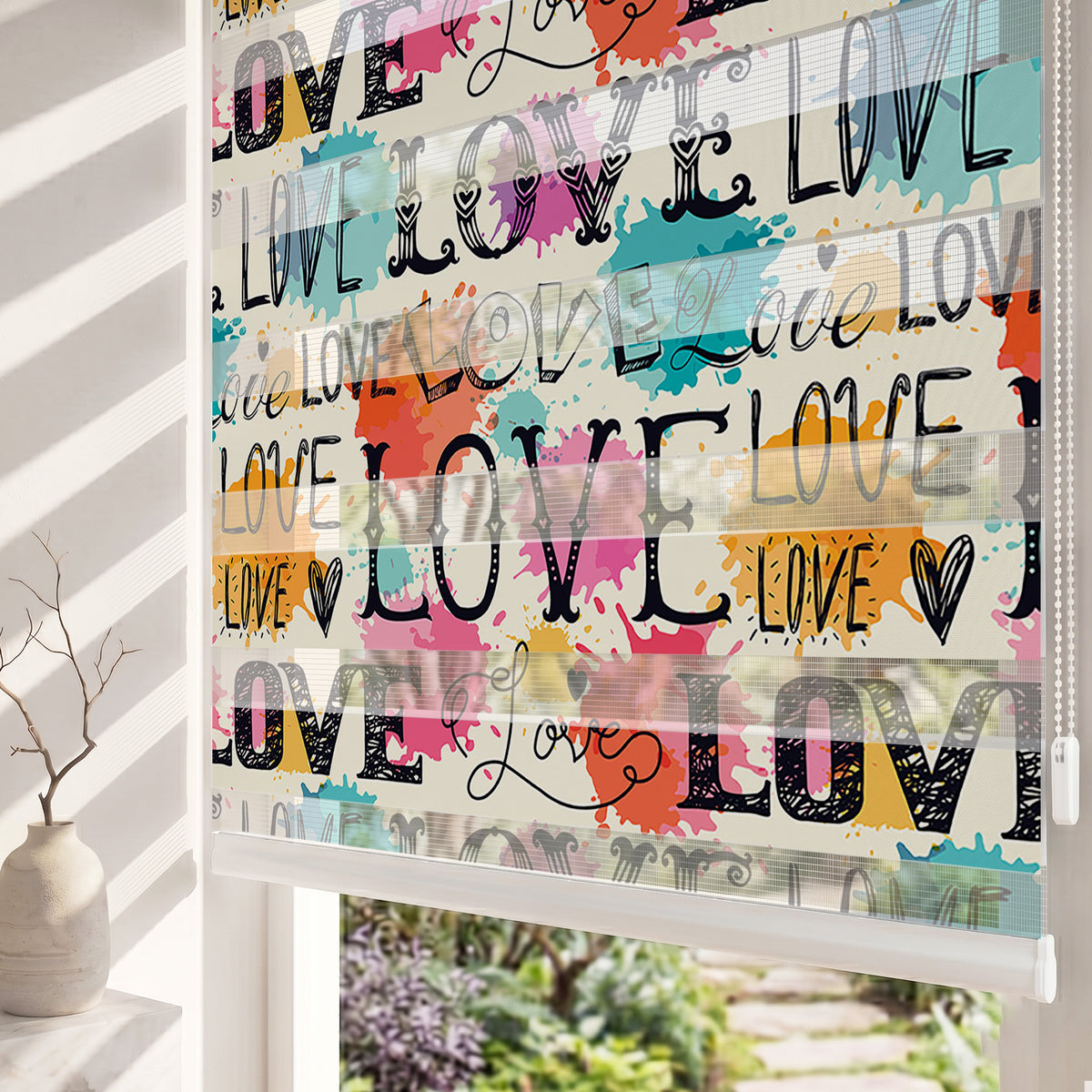 Love Yazılı Renkli Boya Lekeleri Genç Odası Zebra Stor Perde