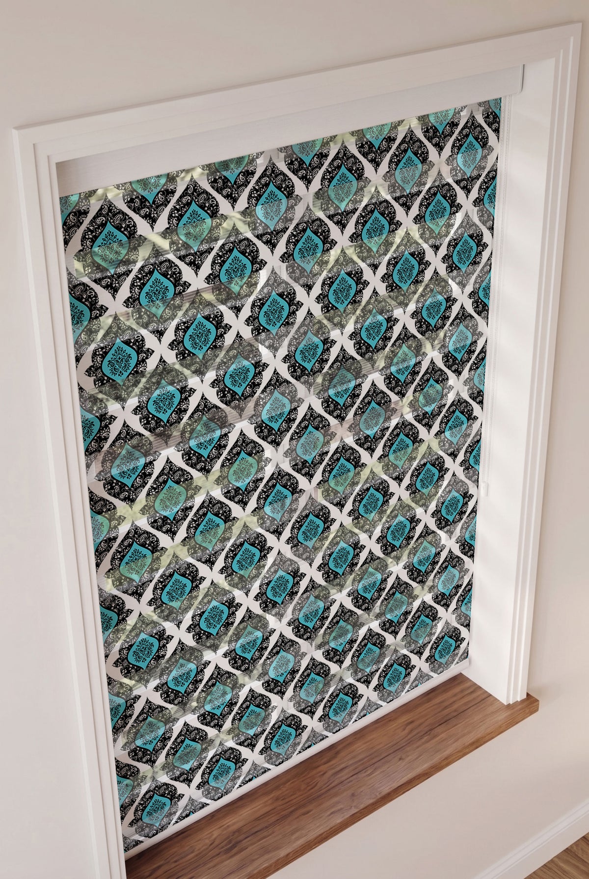 Turkuaz Siyah Şal Desenli Damask Salon Zebra Stor Perde – ürün görseli 3