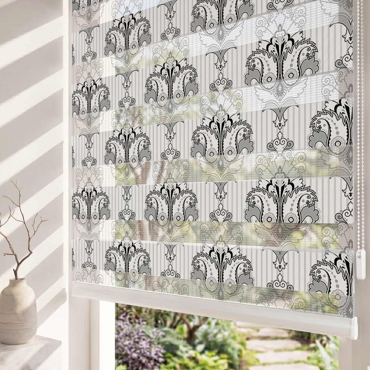 Siyah Gri Çizgili Damask Desen Salon Zebra Stor Perde