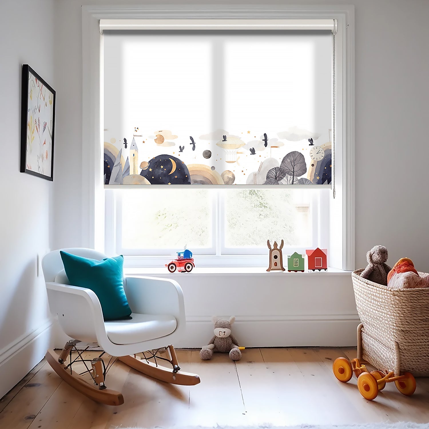 Gökyüzü Suluboya ve Gezegenler Baskılı Stor Perde - Güneşlik - Bebek Odası Perdesi - AD HOME Tekstil