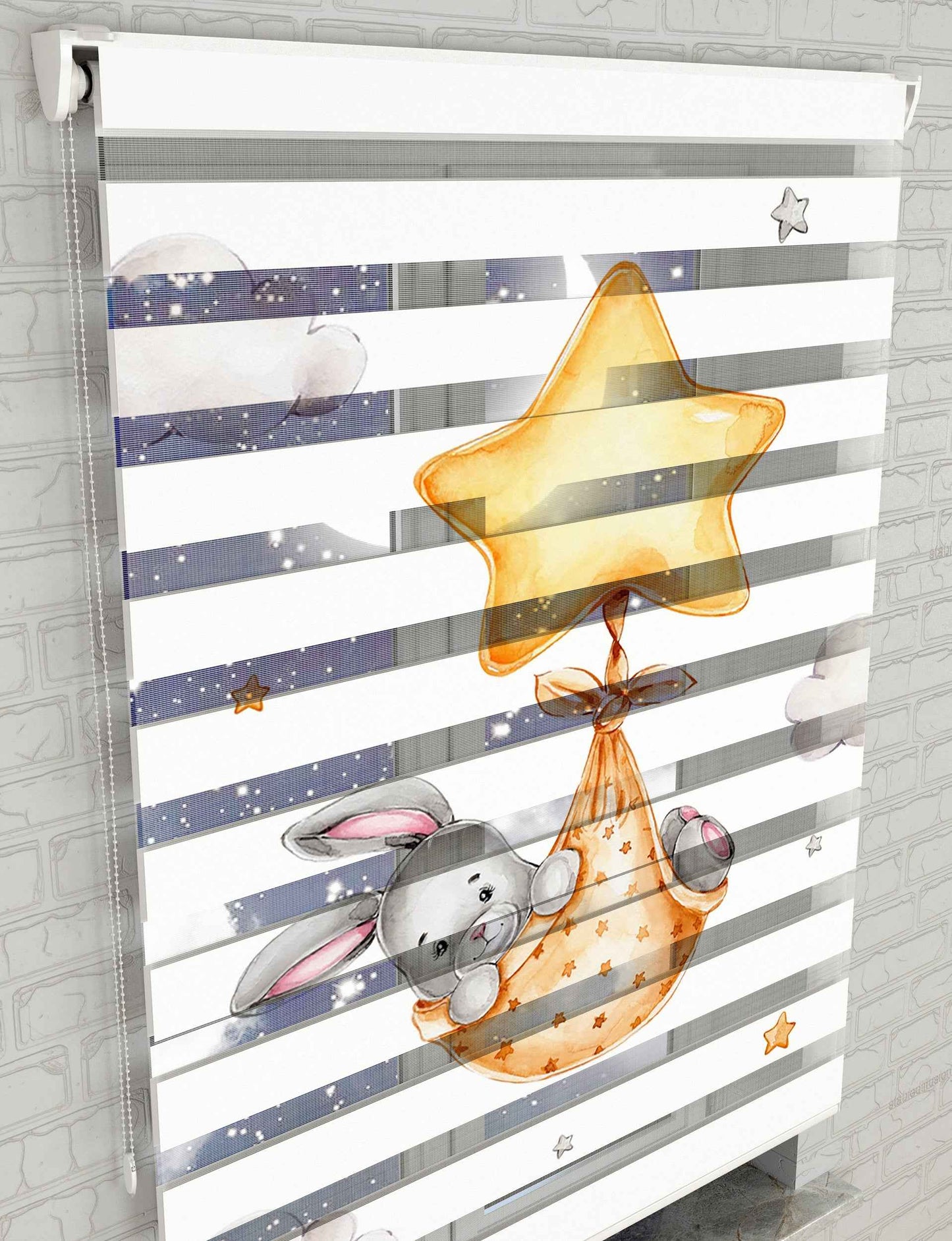 Yıldızlı Sepette Tavşan Baskılı Zebra Perde - Bebek Odası Perdesi - AD HOME Tekstil