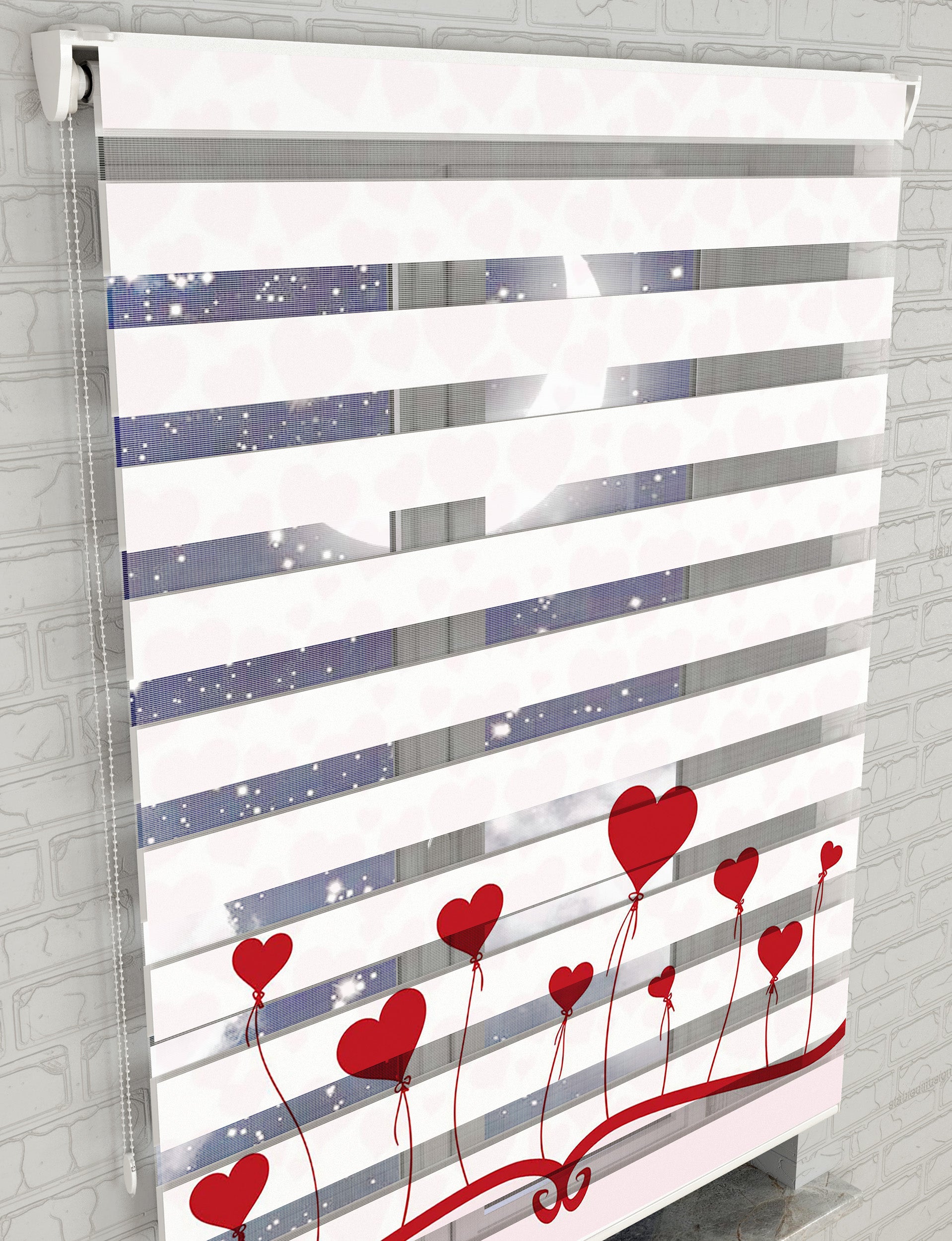 Kırmızı Kalpler Baskılı Zebra Perde - Bebek Odası Perdesi - AD HOME Tekstil