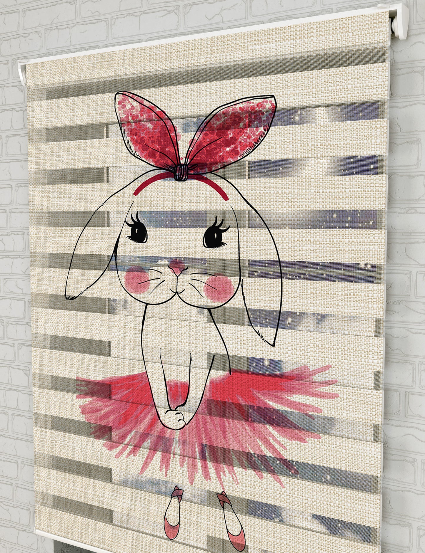 Balerin ve Tavşan Baskılı Zebra Perde - Kız Çocuk Odası Perdesi, Bebek Odası Perdesi - AD HOME Tekstil