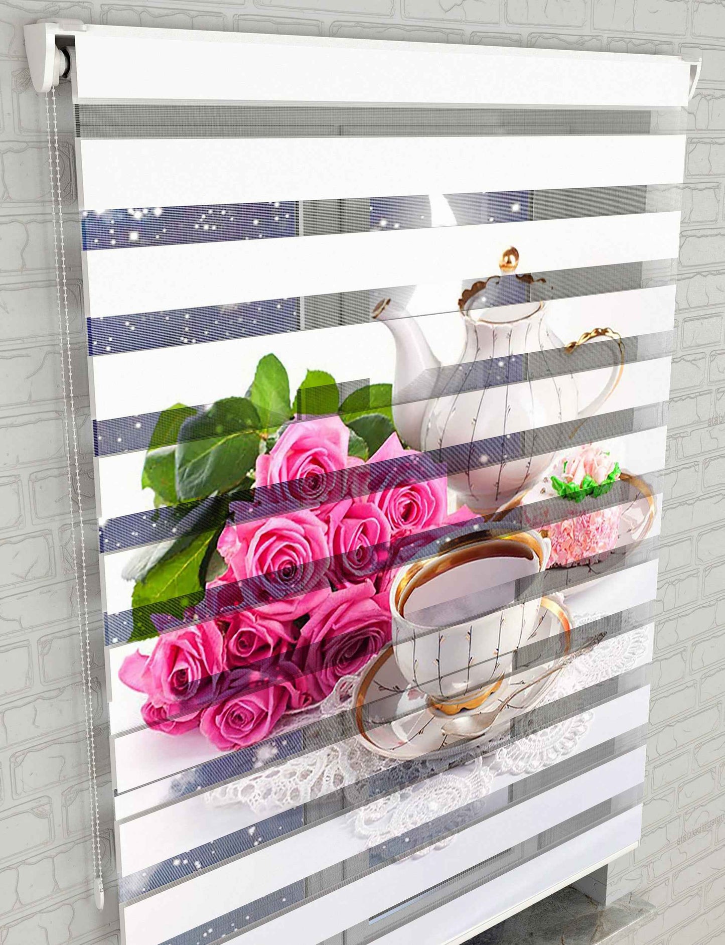 Pembe Gül Zebra Perde - Mutfak Fincan Baskılı Şık Perde - AD HOME Tekstil