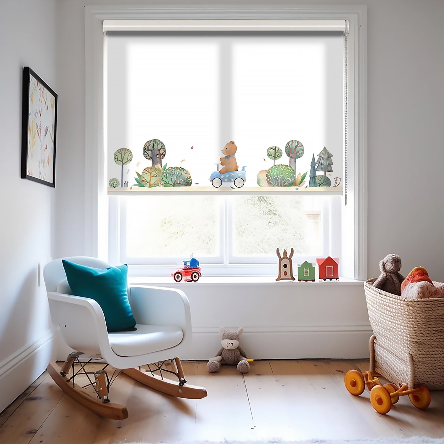 Orman bisiklet ve Ayıcık Baskılı Stor Perde - Güneşlik Perdesi - Bebek Odası Perdesi - AD HOME Tekstil