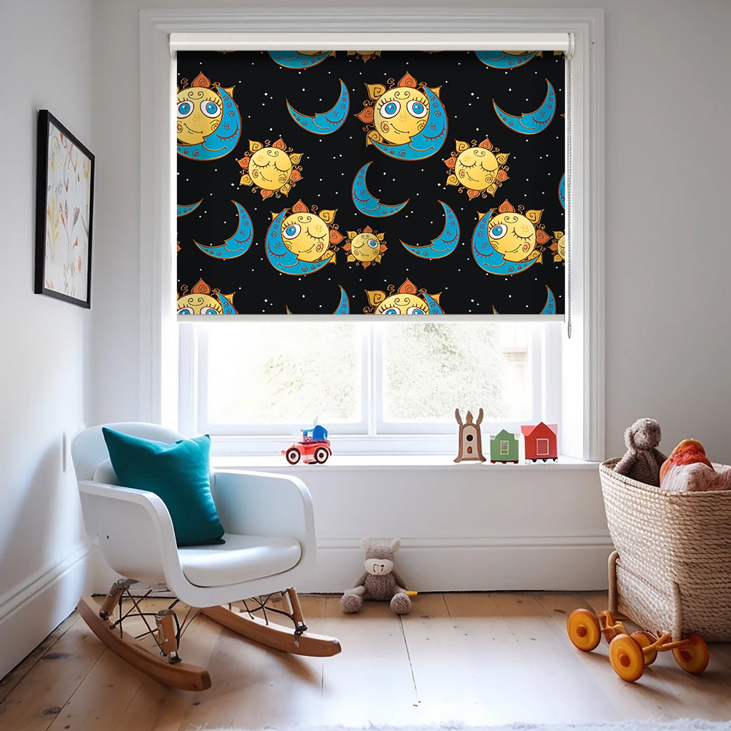 Güneş ve Ay Baskılı Stor Perde - Baskılı Güneşlik Perdesi - Bebek Odası Perdesi - AD HOME Tekstil