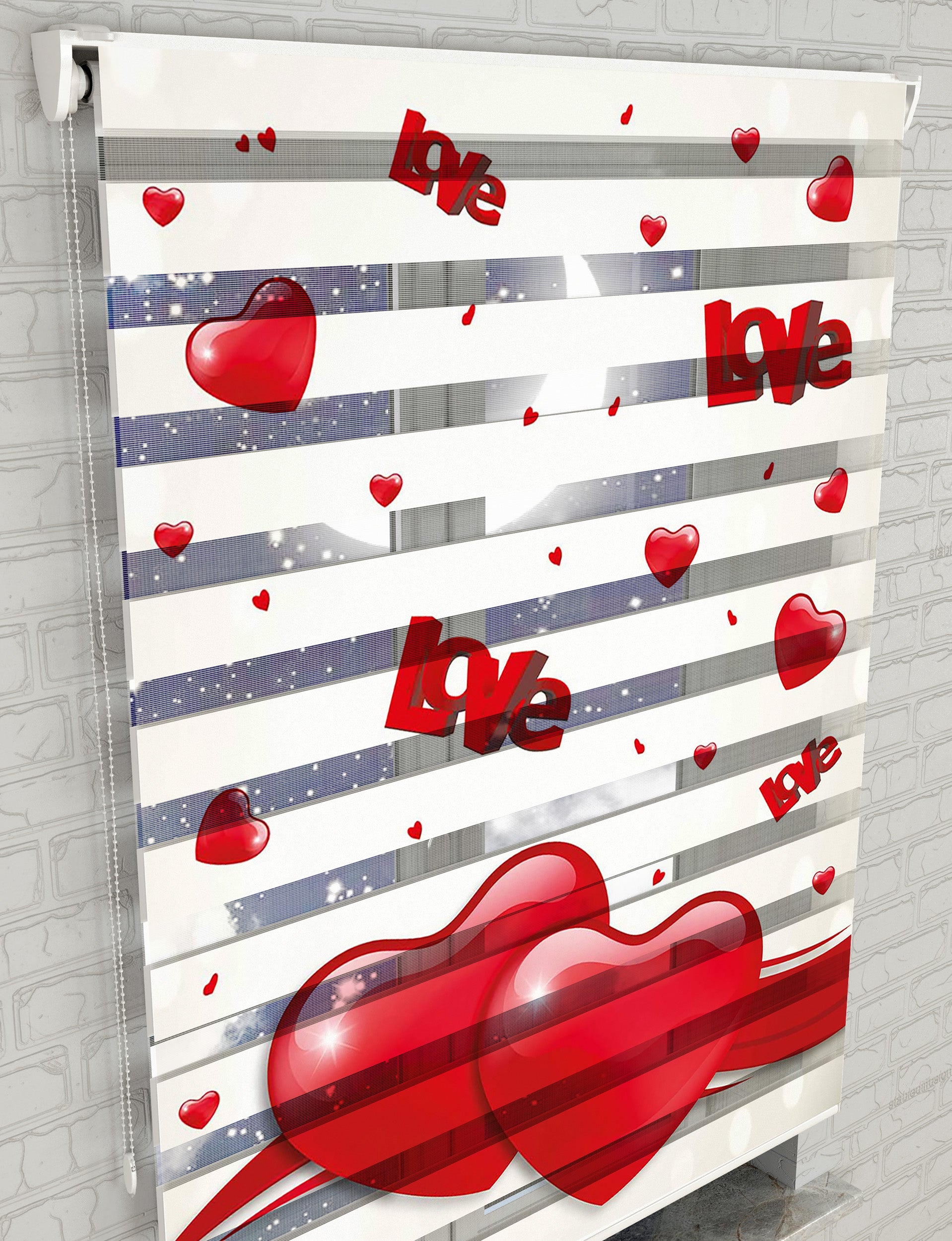 Love Kalpler Baskılı Zebra Perde - Kız Çocuk Odası Perdesi - AD HOME Tekstil