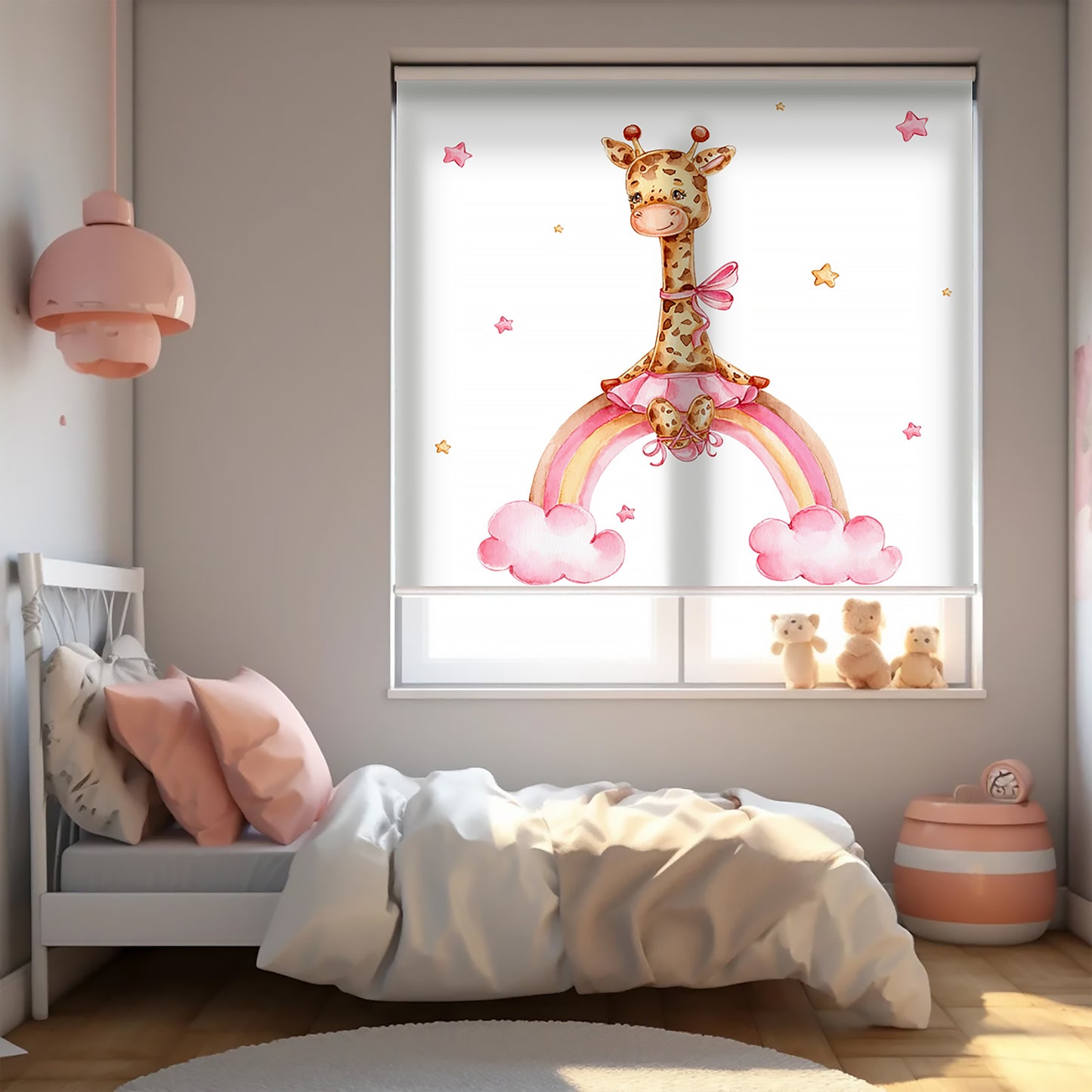 Pembe Bulutlar ve Şirin Zürafa Baskılı Stor Perde - Güneşlik - Bebek Odası Perdesi - AD HOME Tekstil