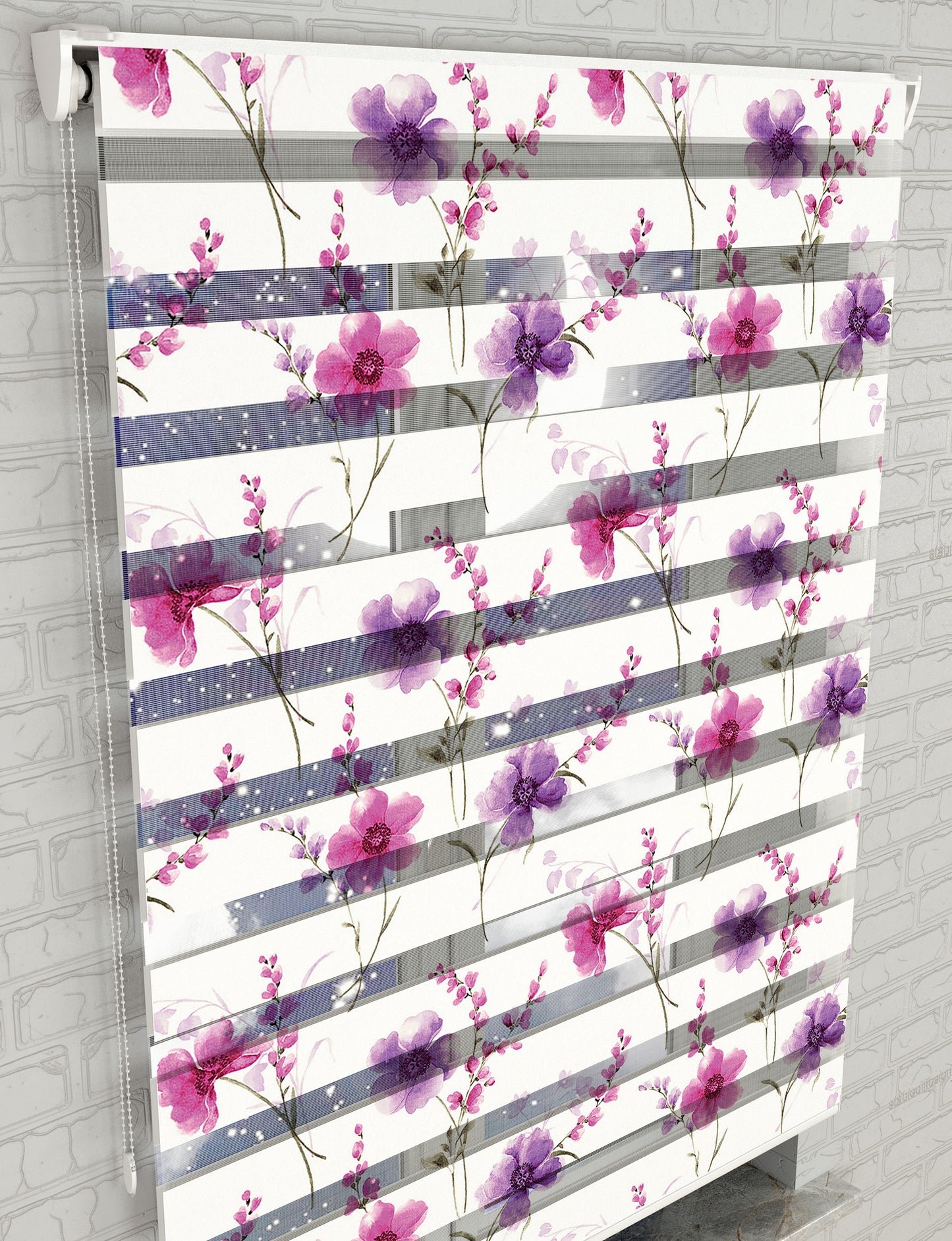 Mor Çiçekler Baskılı Zebra Perde -Salon Perdesi - AD HOME Tekstil
