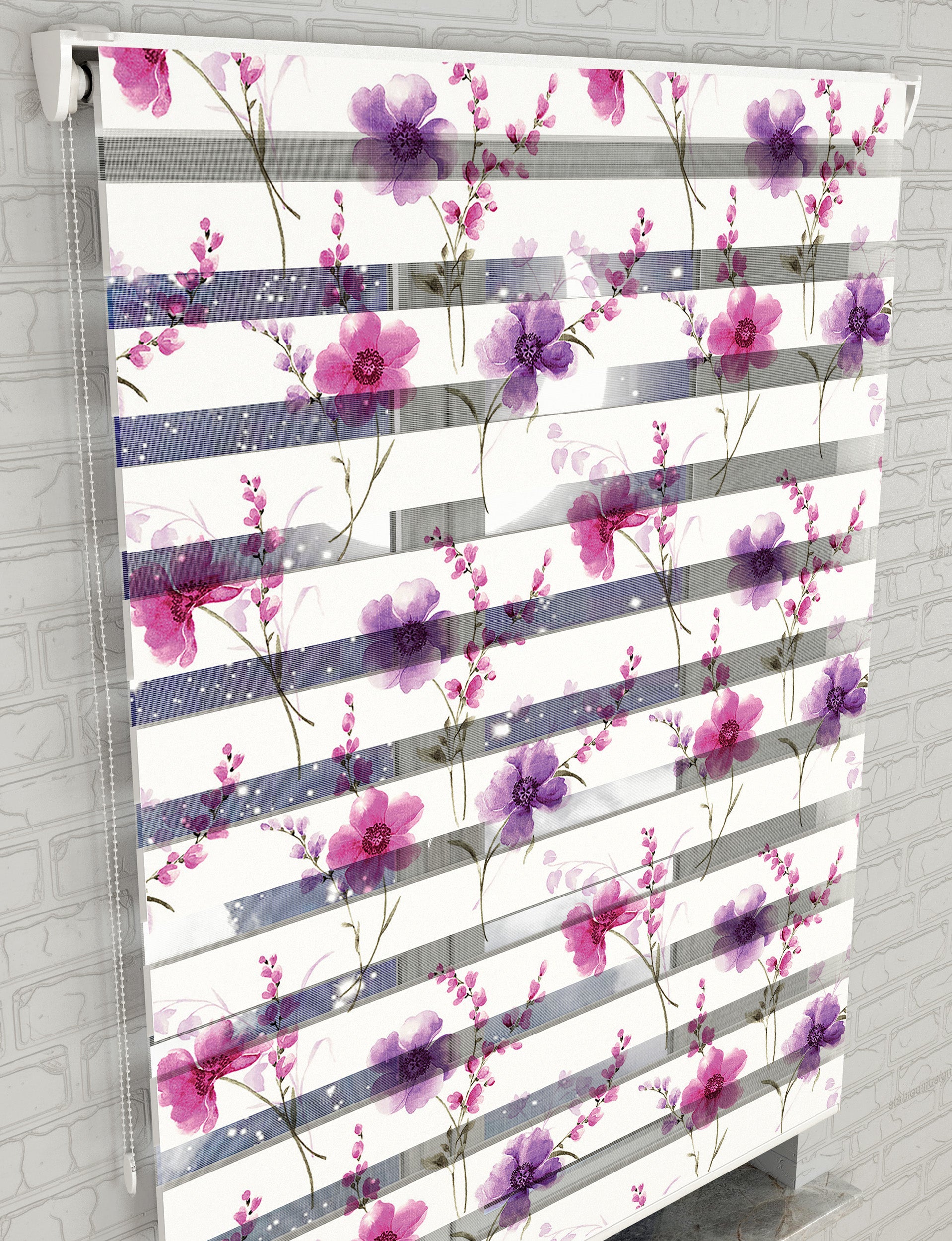 Mor Çiçekler Baskılı Zebra Perde -Salon Perdesi - AD HOME Tekstil