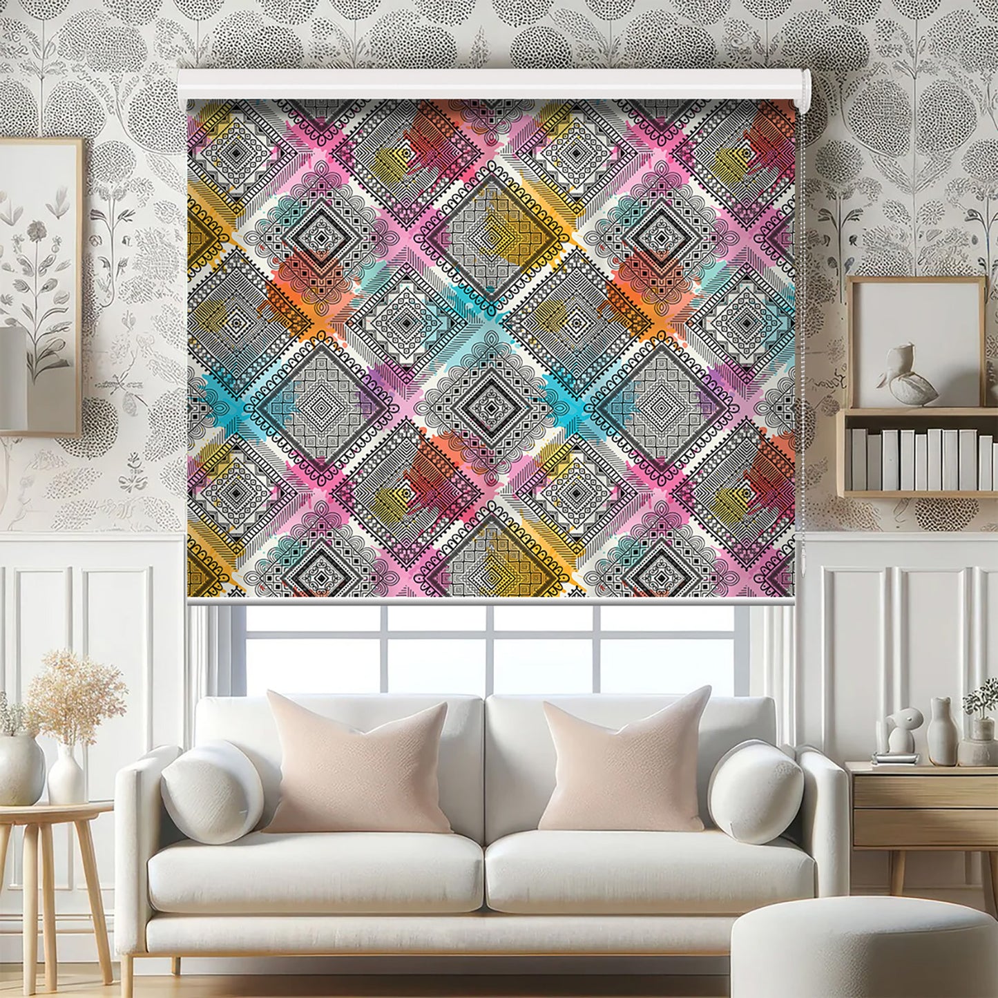 Renkli Damask Baskılı Stor Perde - Baskılı Güneşlik Perdesi - Yatak Odası Perdesi - AD HOME Tekstil
