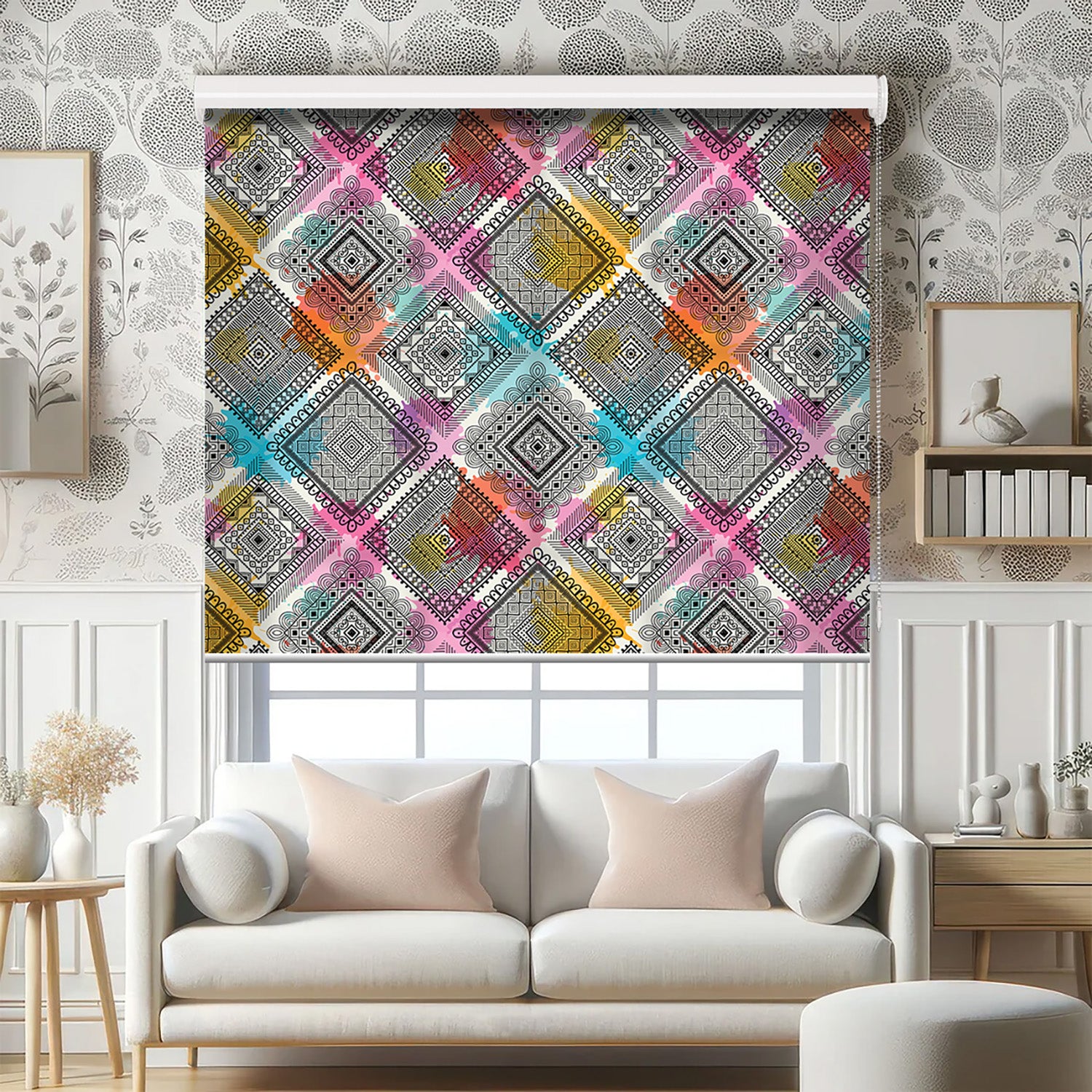 Renkli Damask Baskılı Stor Perde - Baskılı Güneşlik Perdesi - Yatak Odası Perdesi - AD HOME Tekstil