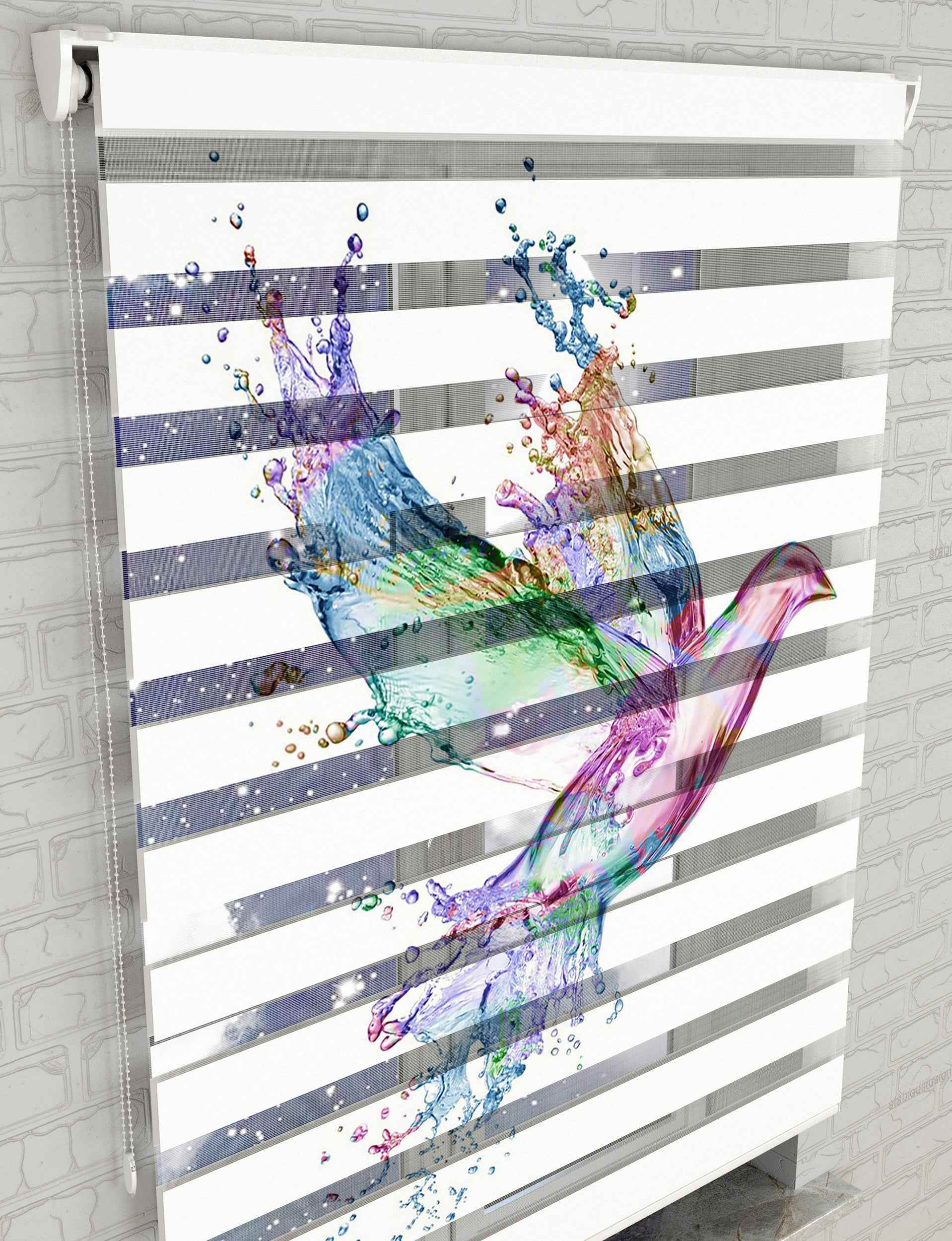 Renkli Sulu Kuş Baskılı Zebra Perde -Mutfak Perdesi - AD HOME Tekstil