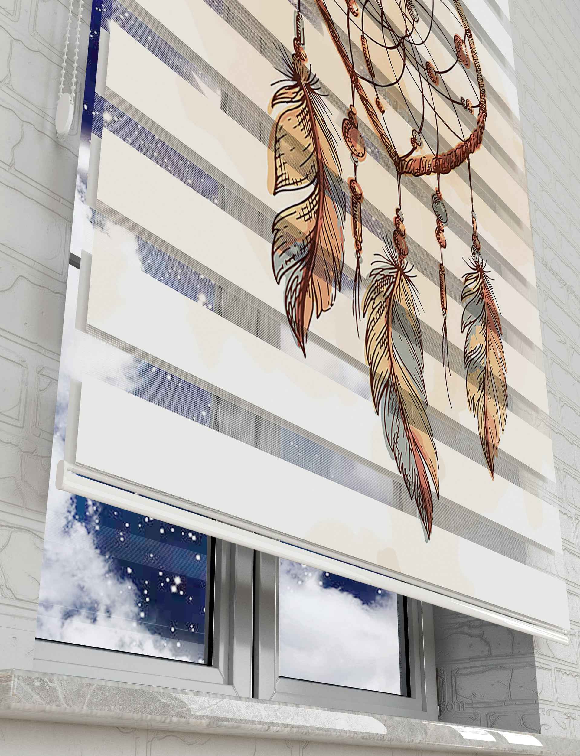 Kolye Ve Yaprak Baskılı Zebra Perde -Salon Perdesi - AD HOME Tekstil