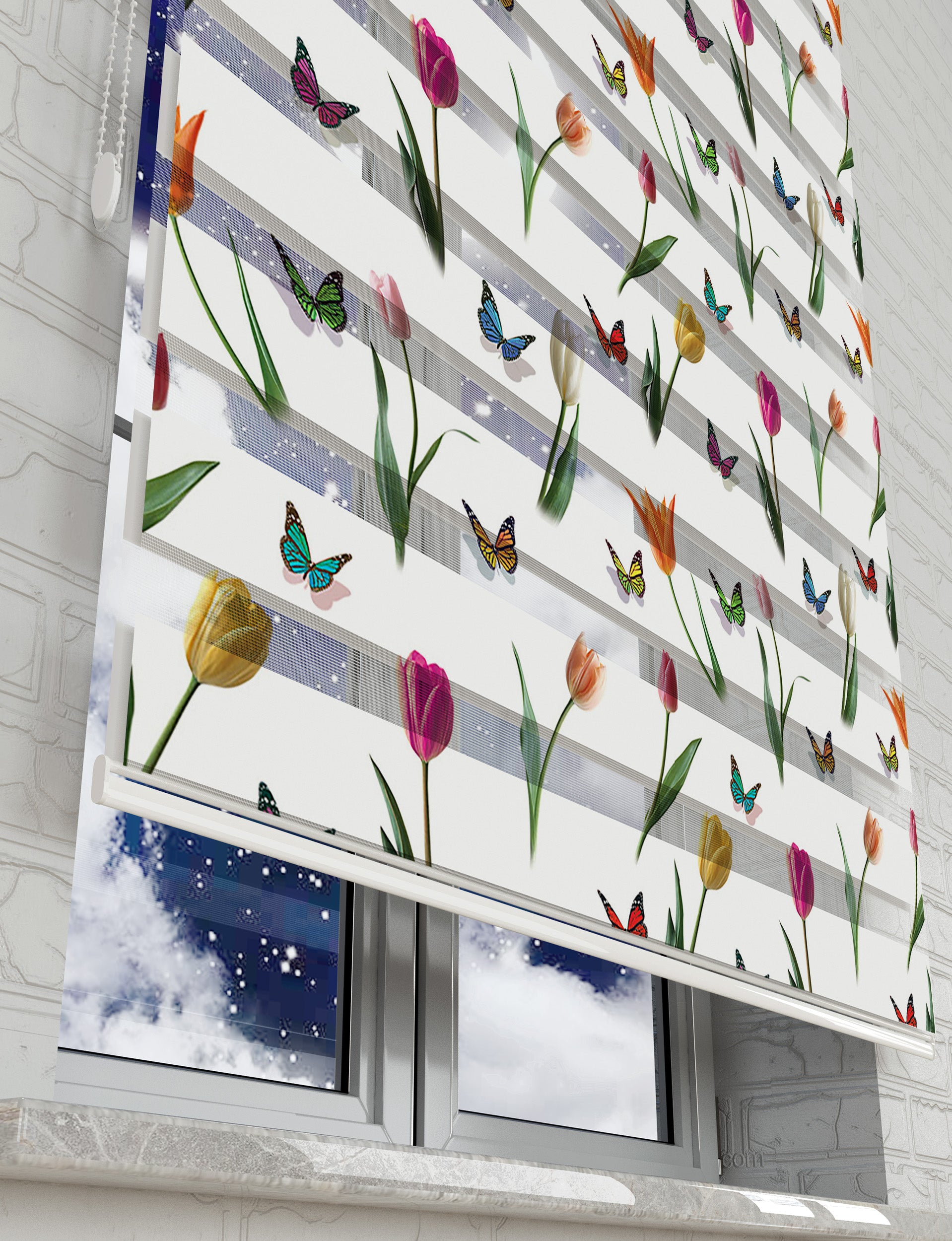 Lale ve Kelebekler Baskılı Zebra Perde -Salon Perdesi - AD HOME Tekstil