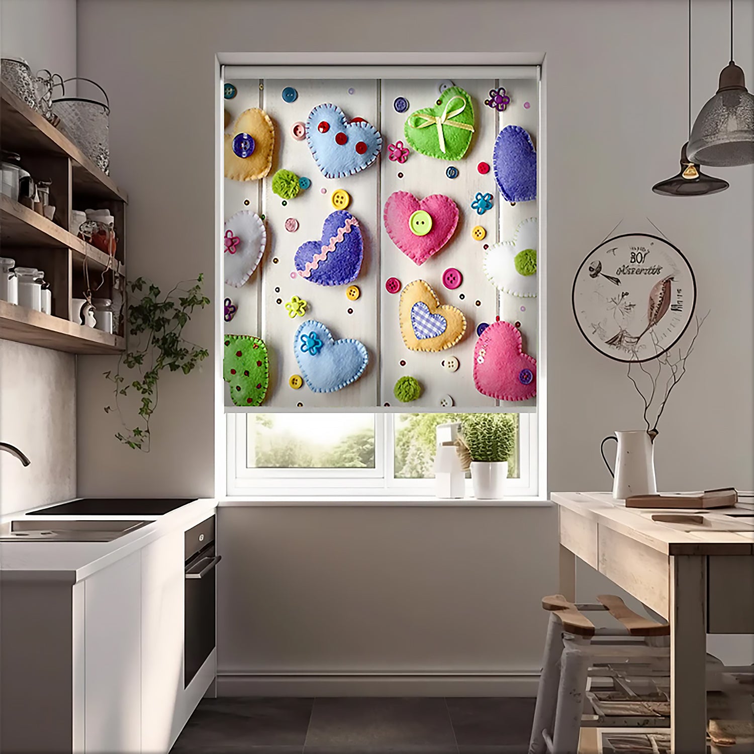 Renkli Kalpler Baskılı Stor Perde - Baskılı Güneşlik Perdesi - Mutfak Perdesi - AD HOME Tekstil