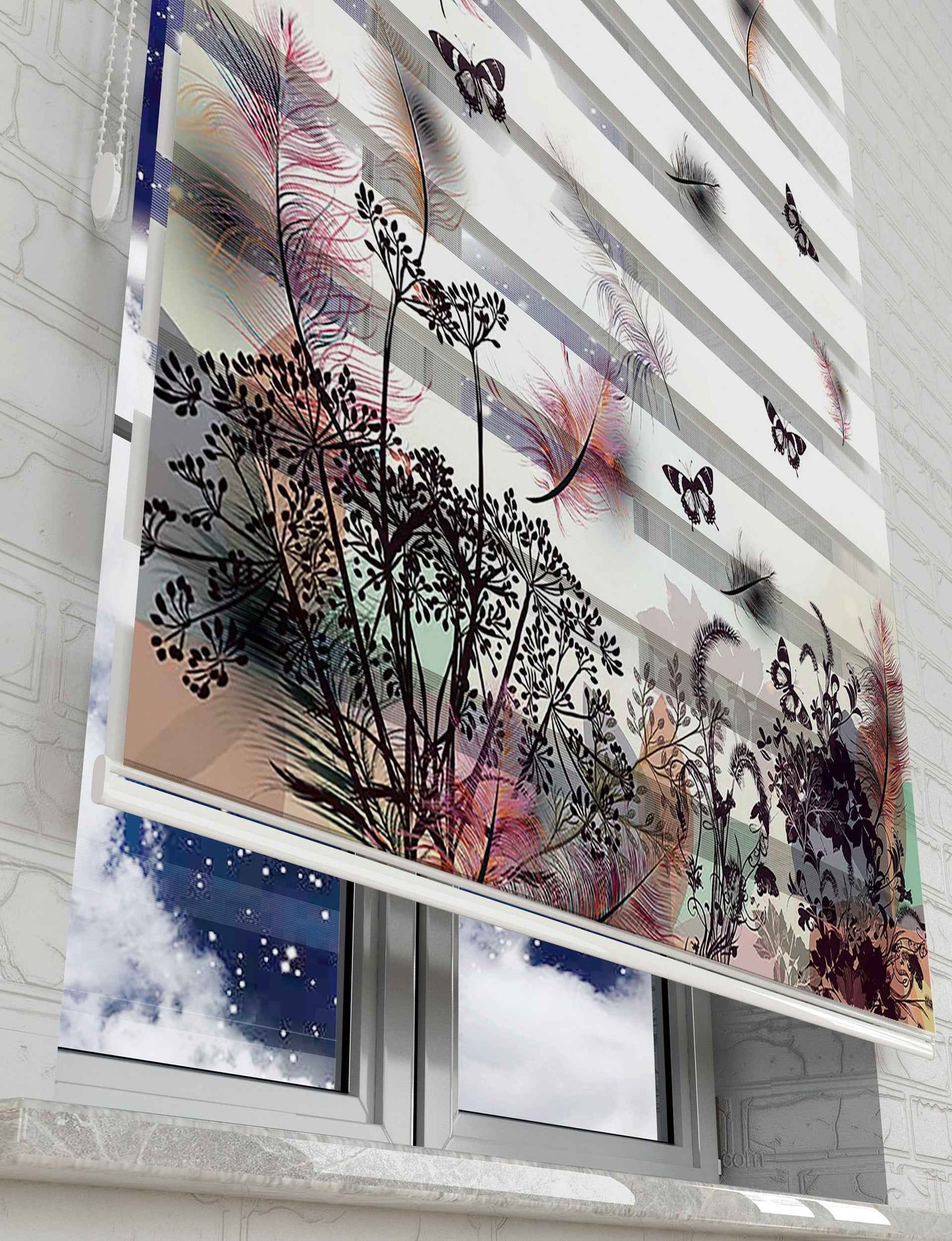Kelebekler ve Çiçekler Baskılı Zebra Perde - Salon Perdesi - AD HOME Tekstil