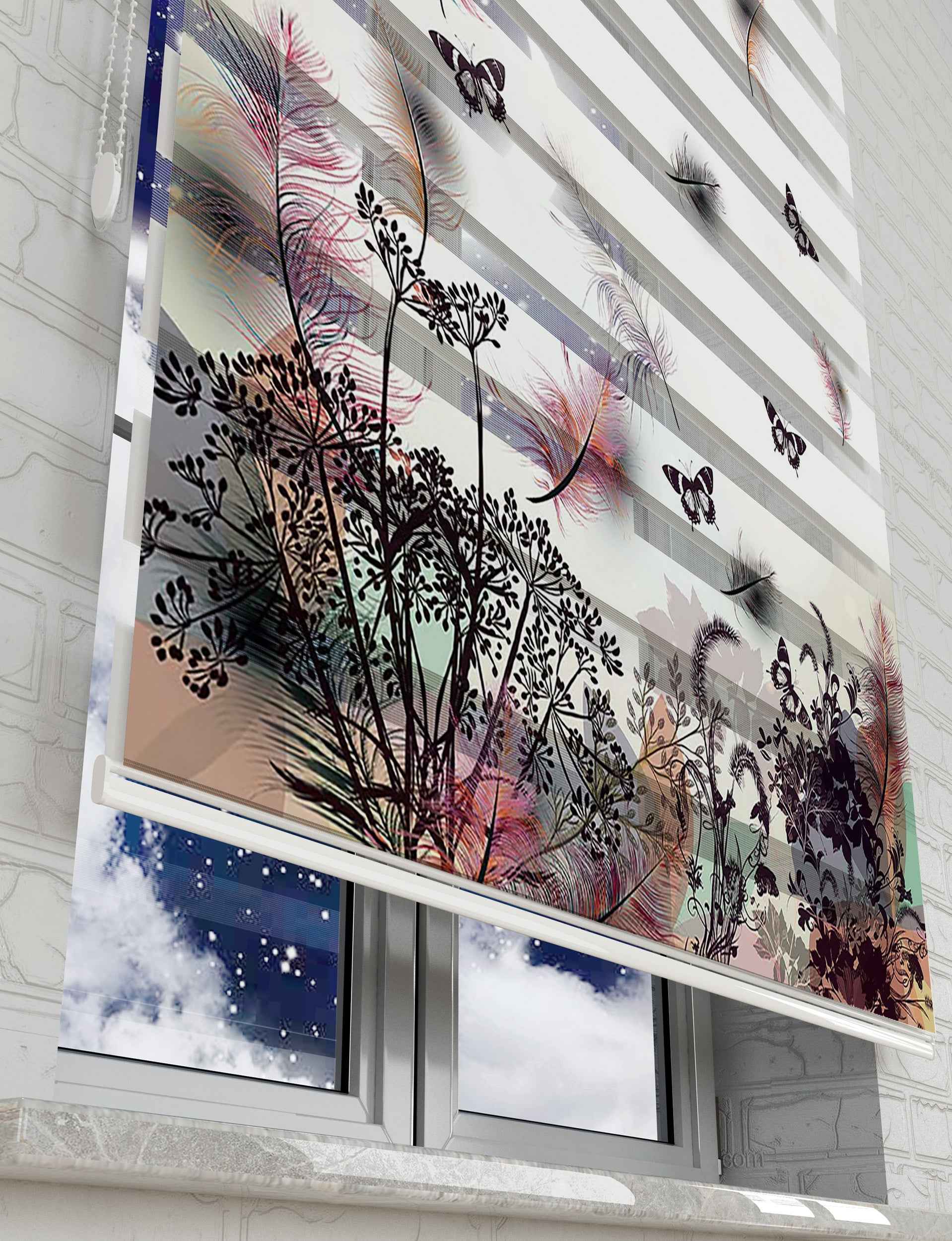 Kelebekler ve Çiçekler Baskılı Zebra Perde - Salon Perdesi - AD HOME Tekstil