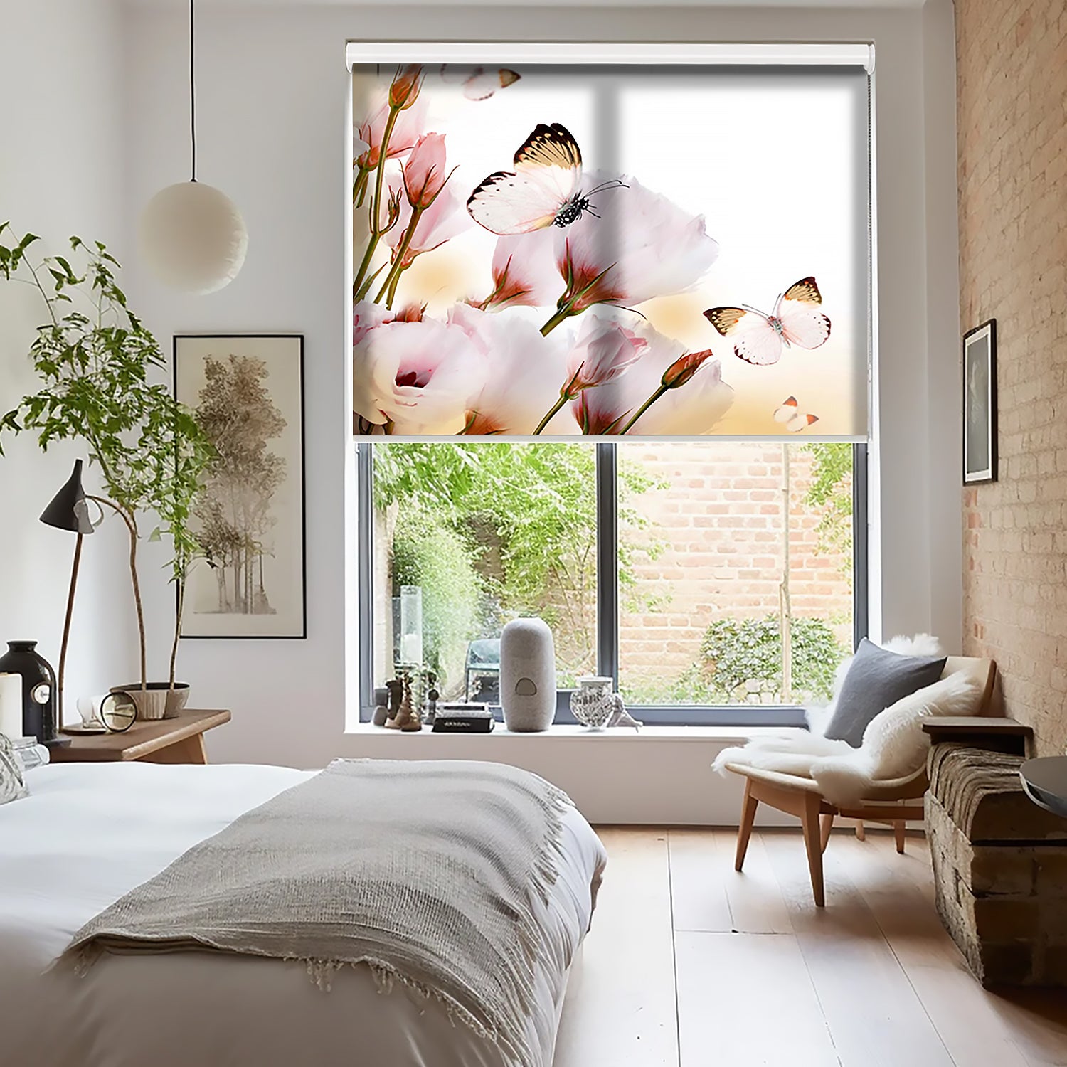 Kelebek ve Çiçekler Baskılı Stor Perde - Baskılı Güneşlik Perdesi - Mutfak Perdesi - AD HOME Tekstil